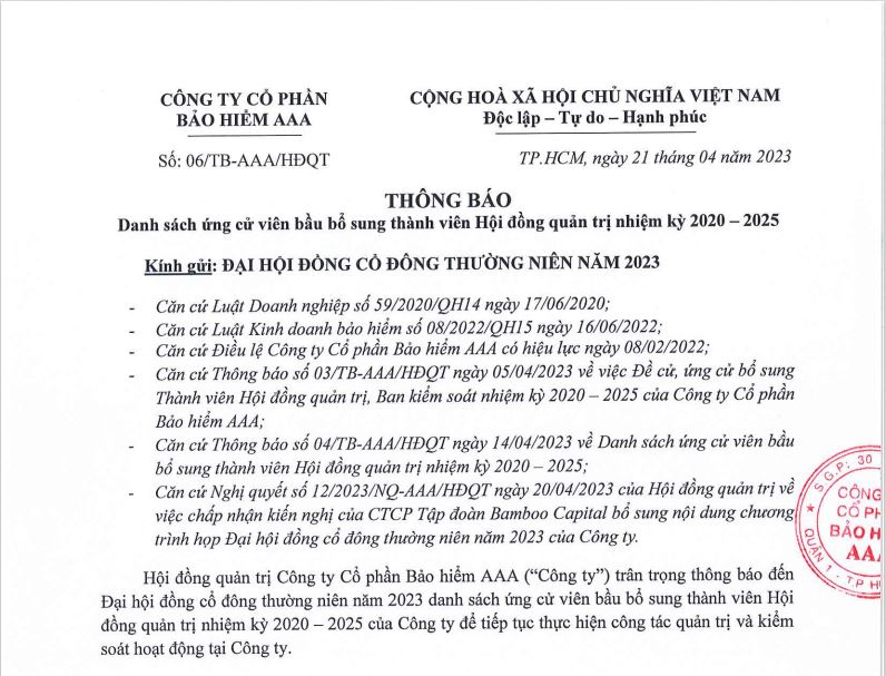 THÔNG BÁO THAY ĐỔI TÀI LIỆU HỌP ĐẠI HỘI ĐỒNG CỔ ĐÔNG THƯỜNG NIÊN NĂM 2023